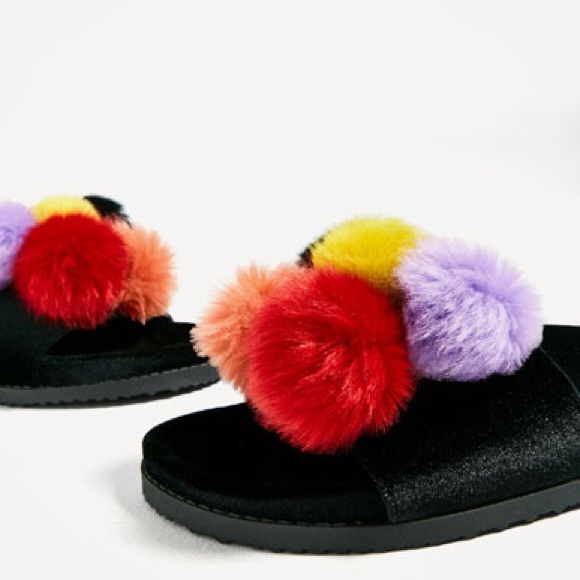 Zara Shoes - Zara Velvet Pom Pom Sandal